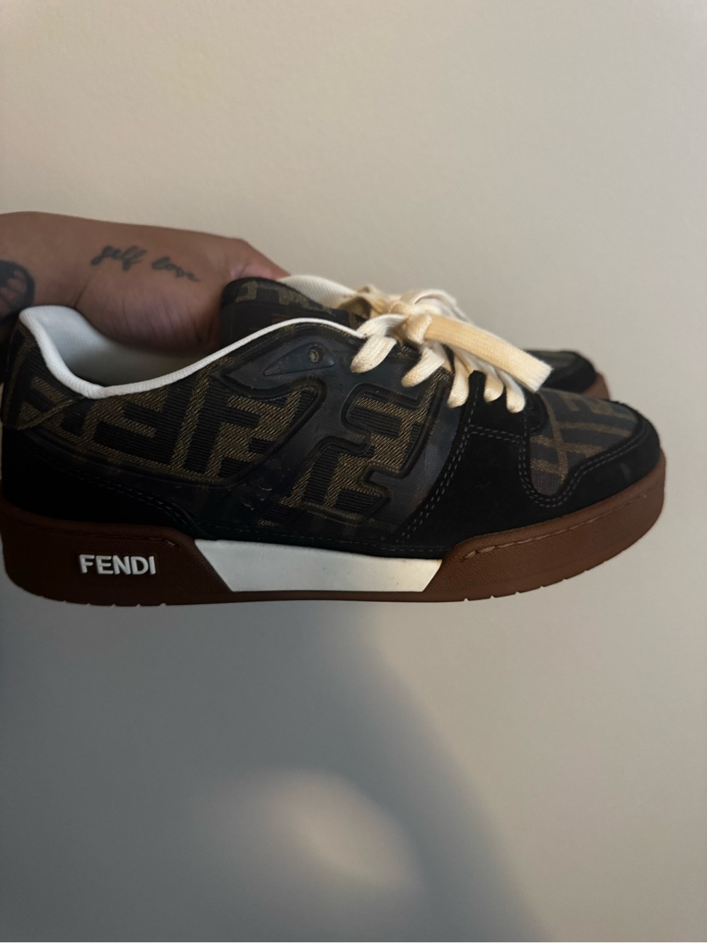 Fendi Brown and Black FF Logo Low-Top Sneakers with Cream Laces